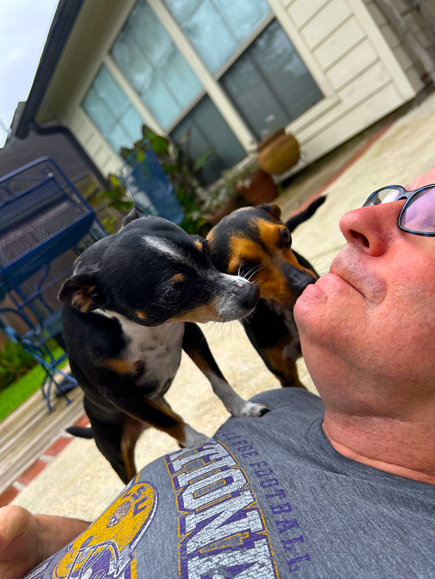 Two affectionate small dogs greeting their pet sitter with nose kisses during an in-home dog sitting visit in a backyard.