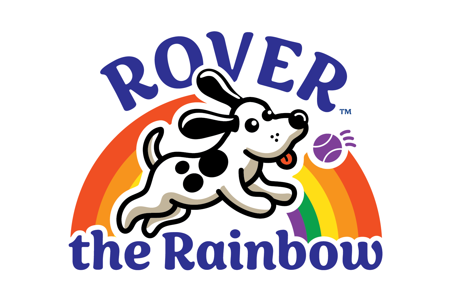 Rover the Rainbow logo - a white dog with black spots and black ears, chases a purple ball while leaping over a rainbow