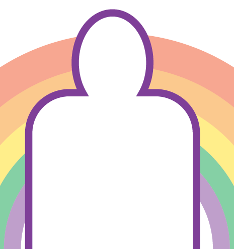 A purple outline of a person's silhouette set against a pastel rainbow background.